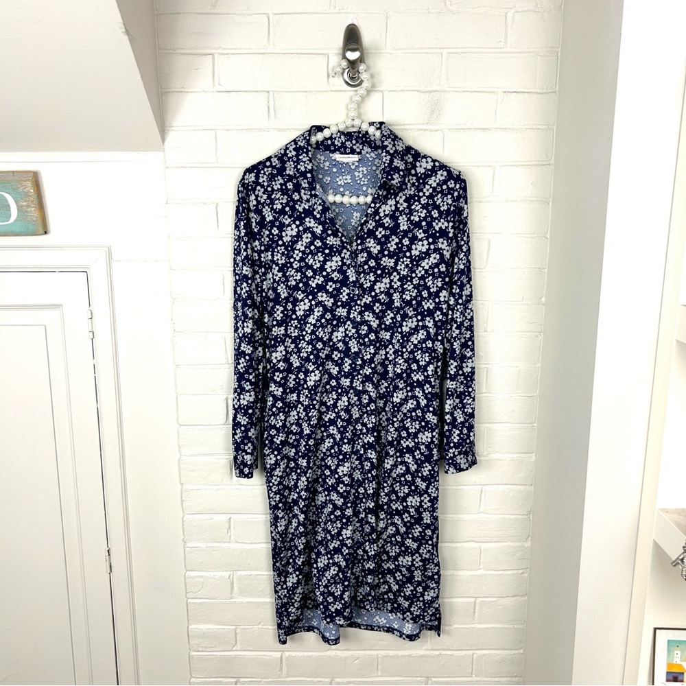 Lularoe Blue White Floral Stretch Button Front Long Sleeve Shirt Dress Size XS - Picture 3 of 10